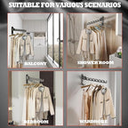 Dr.DJ Wall Mount Coat Hanger Holder Black Clothes Drying Organizer Rack Garment Hooks Aluminium Retractable Folding Indoor Wall Mounted Hanger Space Saver for Laundry Room Bedroom Black 2Pack