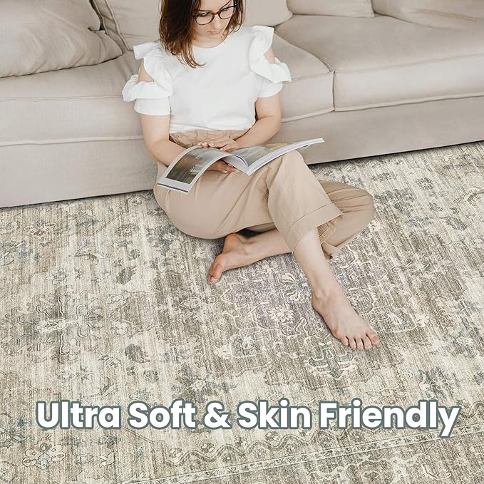 Washable Area Rugs for Living Room - 7x9 Neutral Vintage Distressed Floral Farmhouse Boho Large Soft Floor Rug Indoor Non Slip Carpet for Living Room Bedroom Dining Room Office - Brown/Tan