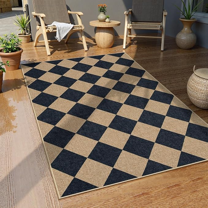 Lahome Checkered Easy Jute 3x5 Outdoor Patio Rug, Washable Rugs for Entryway Diamond Indoor Outdoor Living Room Carpet, Farmhouse Neutral Non Slip Black Door Carpet for Backyard Bedroom