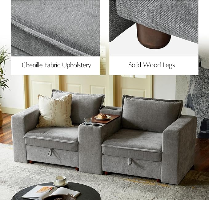 HULALA HOME 88" Loveseat Sofa with USB Port and Console, Oversized 2 Seater Sofa with Storage Ottoman, Comfy Upholstered Loveseat Couch for Living Room Bedroom, FSC Certified, Grey