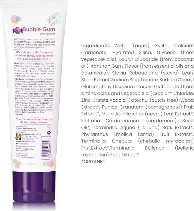 Himalaya Botanique Kids Toothpaste, Herbal, Bubble Gum Flavor, Fights Plaque, Fluoride Free, Gentle, No Artificial Flavors or Colors, SLS Free, Gluten Free, Cruelty Free, Vegan, Foaming, 4 Oz, 2 Pack