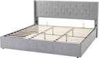 Allewie King Size Lift Up Storage Bed, Button Tufted Headboard with Wingback, Hydraulic Support, No Box Spring Needed, Light Grey