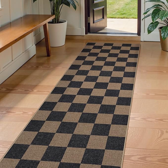 Lahome Checkered Easy Jute 2x8 Runner Rug, Washable Kitchen Runner Rug Non Slip for Entryway Indoor, Checkerboard Black Indoor Outdoor Carpet for Hallway 8ft Entry Laundry Porch