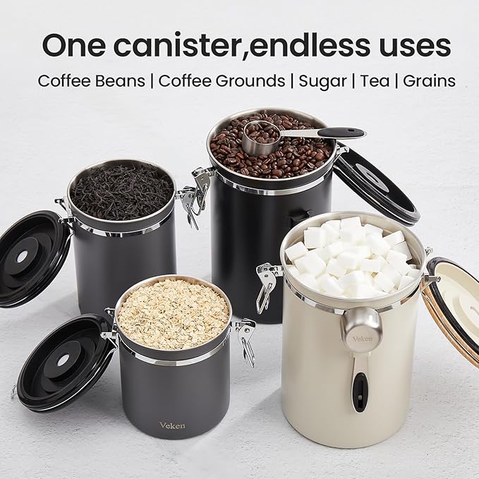Veken Coffee Canister, 39OZ Large, Airtight Stainless Steel Food Storage Container for 2.2lbs Coffee Beans, Ground, Sugar, Tea, Flour, Rice, Cereal, Cookies Jars, Bar Accessories & Gifts, Gray