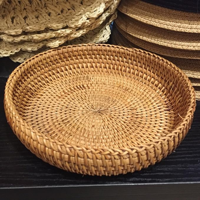 Hadewoven Round Rattan Fruit Basket Wicker Food Tray Weaving Storage Holder Dinning Room Bowl, 7”Decorative Natural Basket Woven Fruit Basket Bowl for Entryway Table, Countertop (Small 7”)