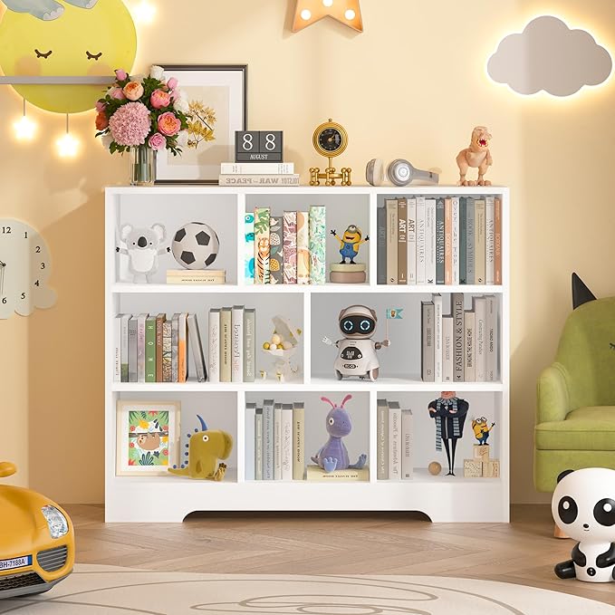 Book Shelf Set of 2, 8 Cubes Storage Organizer, 3-Tier Open Shelf Wooden Bookcase, Freestanding White Bookshelf Cube Shelf for Bedroom, Living Room, Home Office