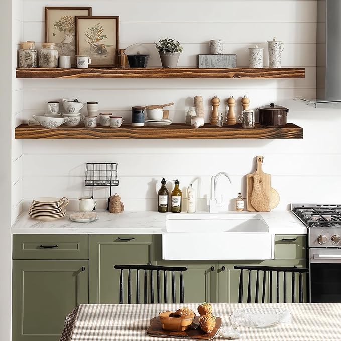 36"x6.8"x1.2" Solid Wood Floating Shelves 2-Pack - Rustic Brown Finish with Hidden Brackets, Perfect for Storage and Décor in Living Room, Kitchen, Bedroom