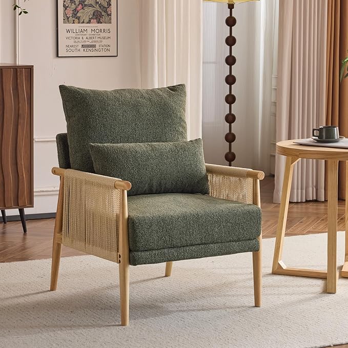 VINGLI Boho Braid Accent Armchair,Mid-Century Modern Chiar with Solid Wooden Armrest,Comfy Louge Cushion Chair with Waist Pillow for Bedroom,Living Room,Reading Room, Dark Green