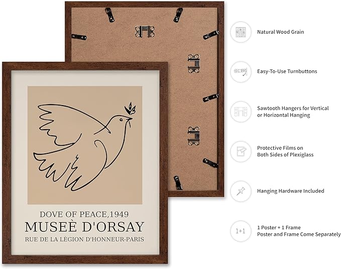 Poster Master Vintage Poster - Retro Minimalist Print - Gift for Artist, Friend - Dove Of Peace, Line Drawing, Sketch, Abstract - Wall Decor for Living Room, Bedroom, 16x20 Brown Framed