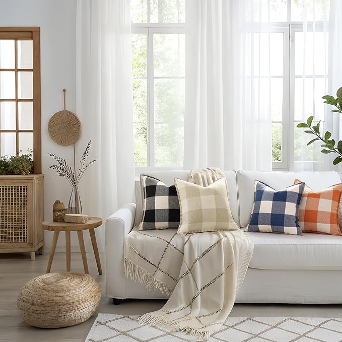 decorUhome Buffalo Plaid Check Throw Pillow Covers 20x20 Set of 2, Outdoor Decorative Farmhouse Neutral Pillow Covers with Stitched Edge for Bed Couch Sofa, Black and White