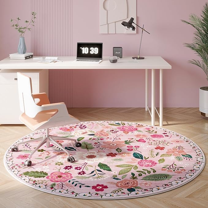 Round Rug 4ft Washable Circle Rug Non Slip Low Pile Boho Floral Small Circular Rug for Bedroom, Bathroom, Entryway, Kids Room, Office, College Dorm(Pink)