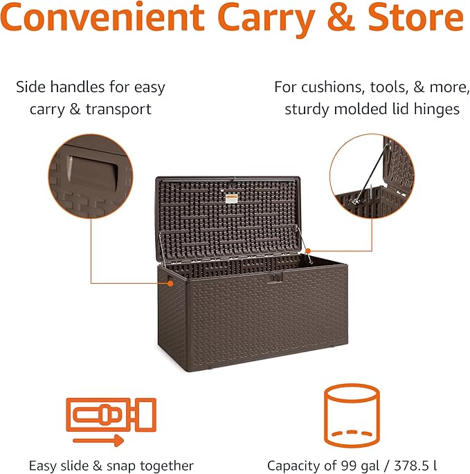 Amazon Basics Outdoor Organization & Storage Deck Box with Lid, 99 Gallon, Brown