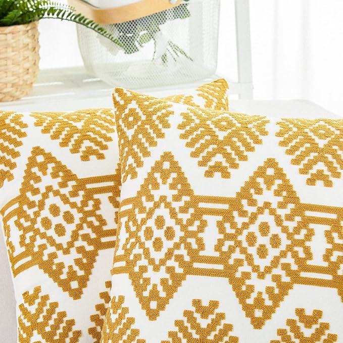 HWY 50 Mustard Yellow Decorative Throw Pillow Covers 18x18 Inch, Pack of 2 Embroidered Cotton Farmhouse Cushion Cover Pillow Case for Sofa Couch Living Room Bed Bedroon, Modern Diamond Geometric