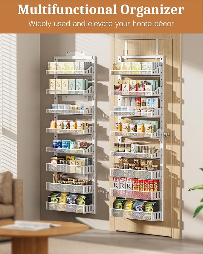Over the Door Pantry Organizer 8-Tier, Large Metal Door Spice Rack with Adjustable Basket, 2 in 1 Wall Mount or Hanging Heavy-Duty Pantry Door Storage Shelf for Kitchen and Bathroom, White
