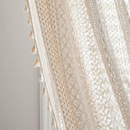Sutuo Home Beige Boho Curtains Crochet Lace Semi-Sheer Bohemian Hollow Knitted Handmade Tassels, Rod Pocket Window Treatment Vintage Rustic Farmhouse Drapes for Glass Slide Door, 1 Panel 59" W x 90" L