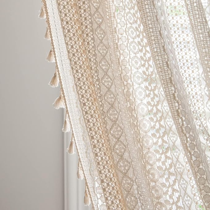 Sutuo Home Boho Curtains 120 inches for Bedroom Living Room Patio Doorway, Crochet Lace Sheer Bohemian Extra Long with Tassels,Window Treatment Drape, Single 1 Panel 59" W x 120" L, Beige