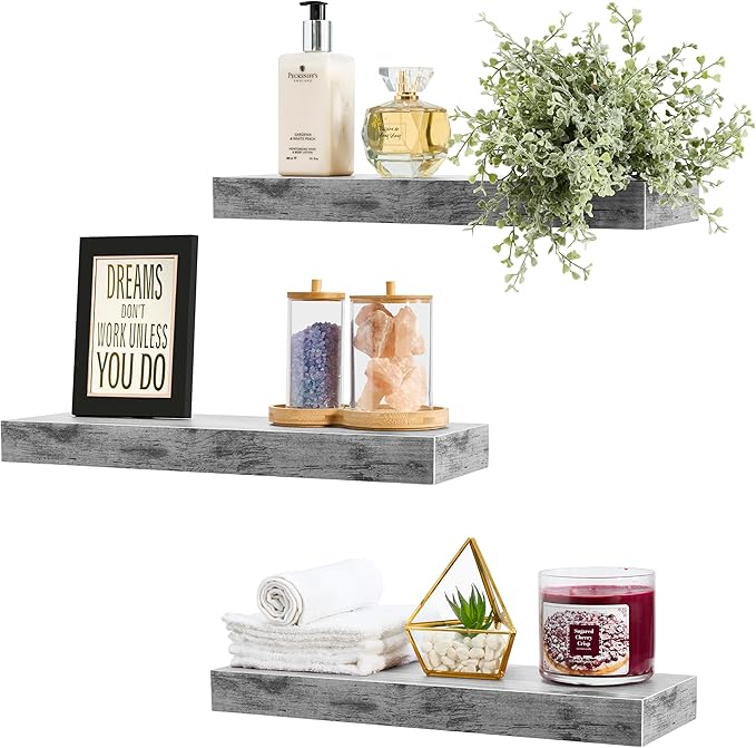 Sorbus Floating Shelves for Wall, Bathroom Shelves Wall Mounted for Kitchen, Bedroom, Bathroom Storage Over Toilet, Hanging Book Shelf for Wall Home Decor Living Room (Gray, 3 Pack)