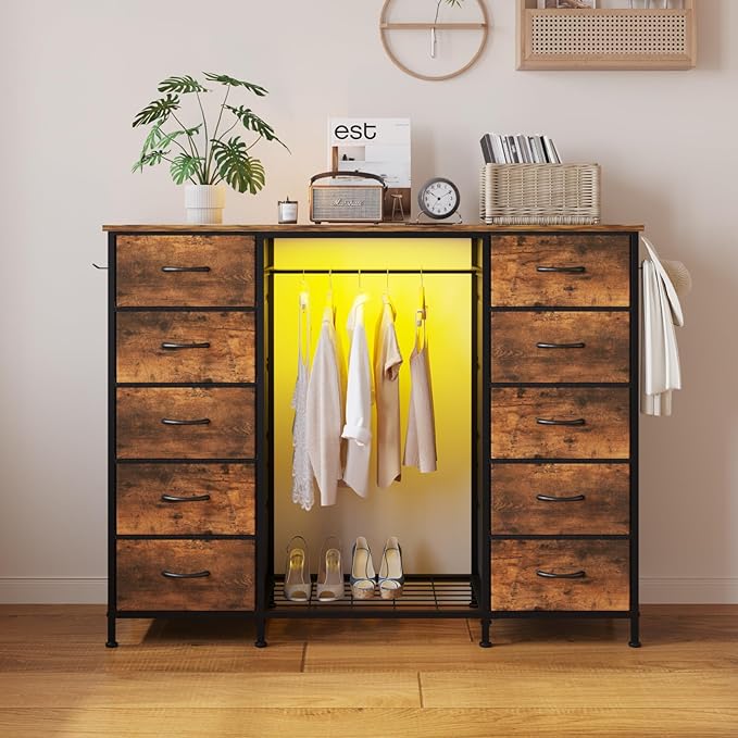 LUMTOK 55W 2-in-1 Dresser with Hanging Rack, 10 Drawers Dresser for Bedroom,Dressers with Fabric Drawers,LED Lights, Charging Station and Hanging Racks for Bedroom (Rustic Brown)