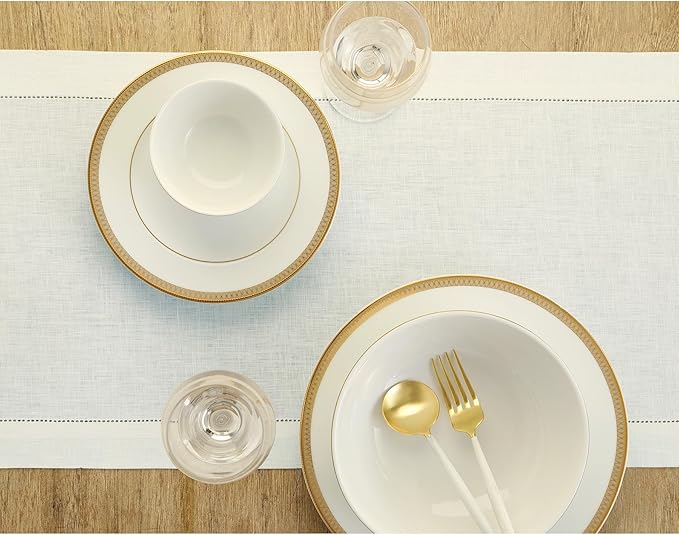 Solino Home Linen Ivory Table Runner 156 Inches Long - 100% Pure Linen Extra Long Table Runner 14 x 156 Inch for Fall, Autumn, Thanksgiving - Classic Hemstitch