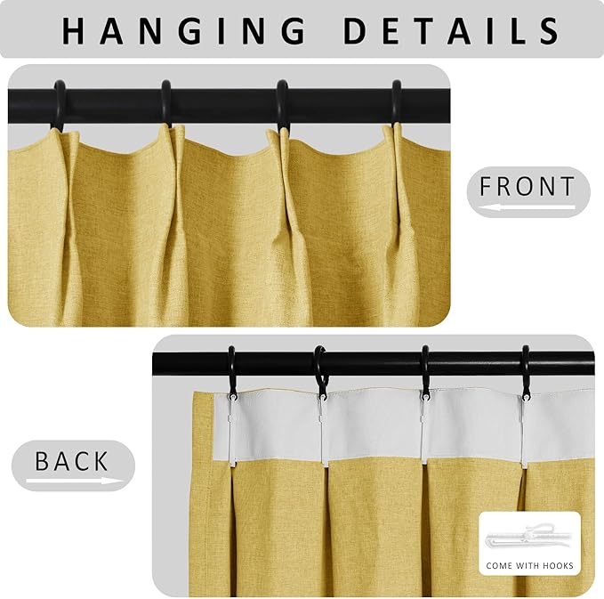 Macochico Extra Wide 100% Blackout Linen Curtains for Sliding Door Pleated Curtains with Hooks Insulated Soft Linen Drapes for Bedroom Living Room with Tieback Yellow 100”Wx84”L 1 Panel