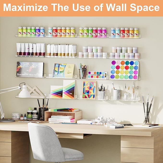 upsimples 16 Pack Acrylic Shelves for Wall Storage, 15" Floating Bookshelves for Kids, Display Shelf Organizer for Bathroom, Bedroom, Living Room, Kitchen, Room Decor, Clear