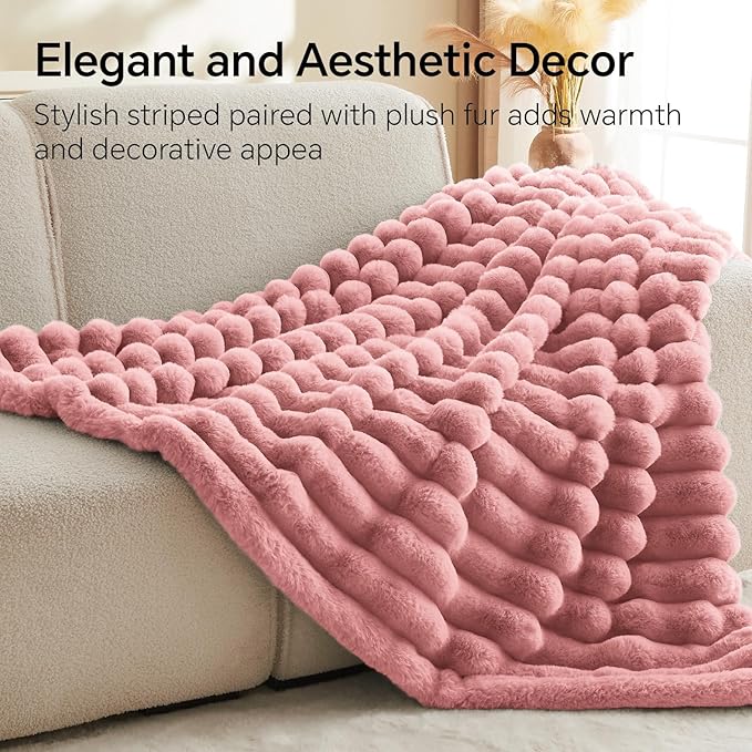 BEDELITE Faux Fur Throw Blanket for Couch, Soft and Cozy Luxurious 3D Striped Fluffy Blanket, 770GSM Thick Warm Plush Fuzzy Faux Rabbit Fur Blanket for Women Gift (Pink, 60"x 80")