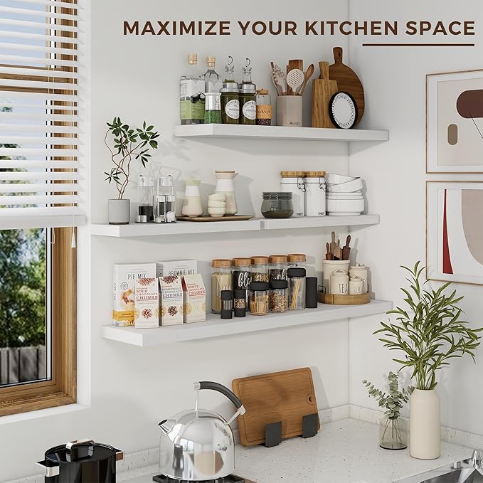 48 inch Floating Shelves for Wall Large Wall Mounted Shelves with Invisible Brackets, White Long Shelves for Bathroom, Living Room, Kitchen, Office, 48x9.1 inch deep Set of 2