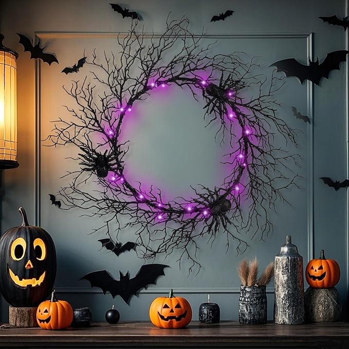 24 Inch Halloween Wreath for Front Door - Lighted Black Spider Wreath with Purple LED Lights, Outdoor/Indoor Spooky Decorations for Halloween Party, Porch, Holiday Home Decor
