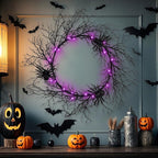 24 Inch Halloween Wreath for Front Door - Lighted Black Spider Wreath with Purple LED Lights, Outdoor/Indoor Spooky Decorations for Halloween Party, Porch, Holiday Home Decor