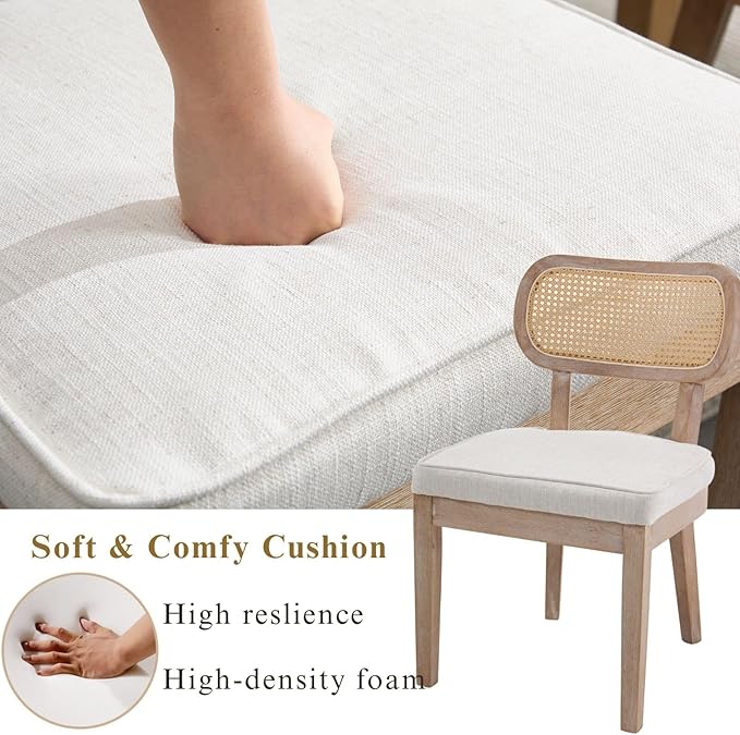 Rattan Dining Chairs Set of 2, Linen Fabric Farmhouse Dining Room Chairs with Cane Back Curved Backrest Kitchen Chairs Rustic Armless Side Chairs for Dining/Living Room/Restaurant, Beige