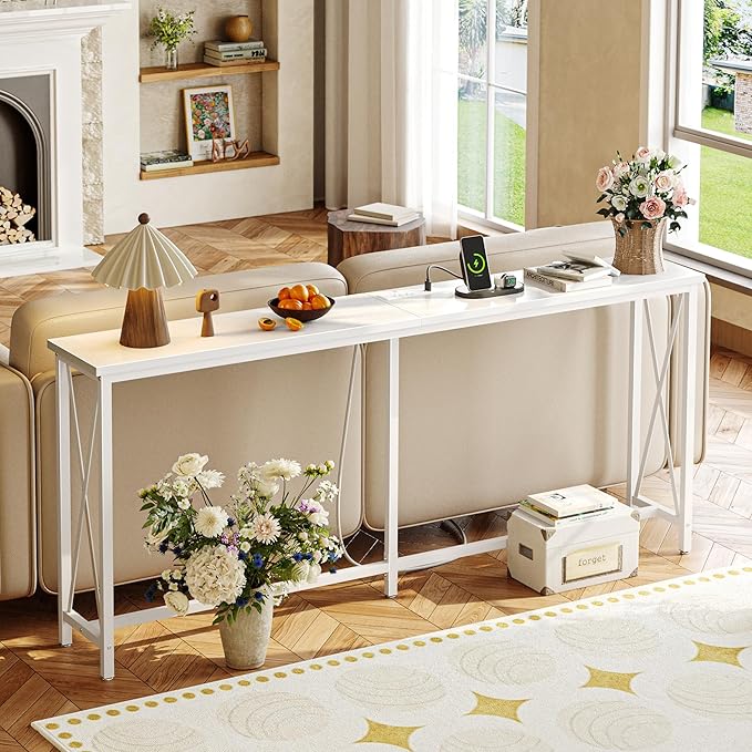 SUPERJARE 70 Inch Console Table with Outlets and USB-C Port, Extra Long Behind Couch Sofa Table with X-Shaped Design, Narrow for Entryway, Living Room, Metal Frame, Wooden Top, White
