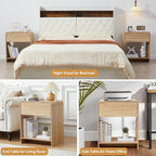 Fluted Nightstand with Charging Station, Mid Century Modern Bed Side Table End Table with Drawer Storage, Large Wooden Night Stands Bedside for Bedroom Living Room Sofa Office, Natural