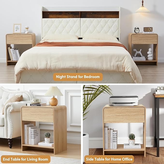 Fluted Nightstand with Charging Station, Mid Century Modern Bed Side Table End Table with Drawer Storage, Large Wooden Night Stands Bedside for Bedroom Living Room Sofa Office, Natural