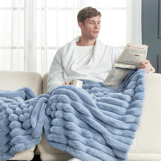 Cozy Bliss Faux Fur Throw Blanket for Couch, Cozy Warm Plush Striped Blanket for Sofa Bedroom Living Room,60 * 80 Inches Light Blue