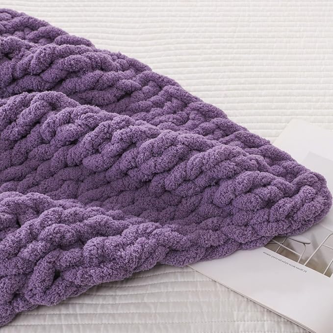 WESHIONGOO Chunky Knit Blanket Throw Knitted Throw Blankets for Couch Bed Fluffy Soft Blanket with Jumbo Chenille Yarn Thick 100% Handmade (Purple, 50"×60")