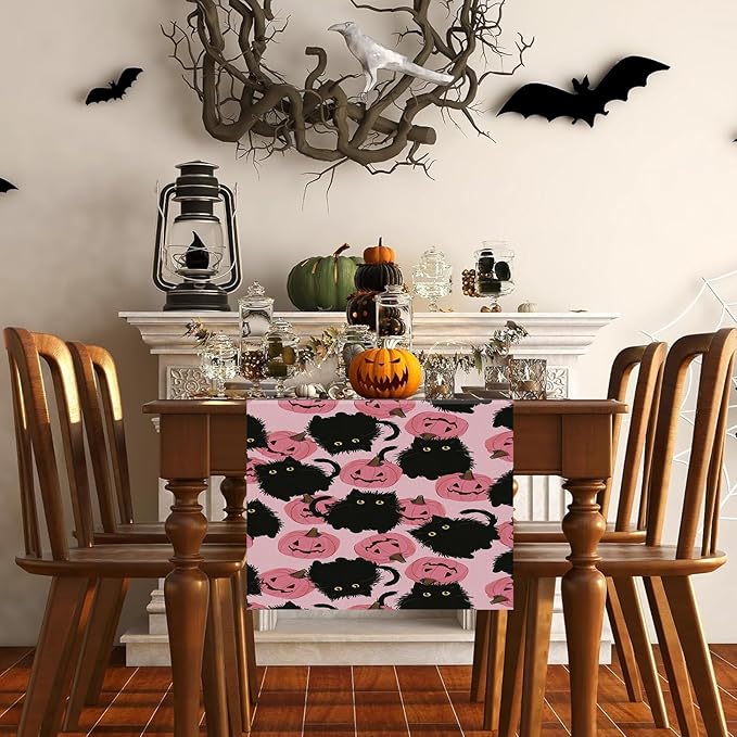 Halloween Table Runner Black Cat Pink Pumpkins Seasonal Kitchen Dining Table Home Outdoor Party Decorations 13x60 Inch