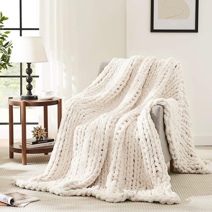 L'AGRATY Chunky Knit Blanket Throw: 80''x90'' Chenille Chunky Knitted Throw Blanket for Bed Couch - Handmade Thick Big Cable Knit Blanket - Large Chunky Crochet Rope Blanket for Home Decor(Ivory)
