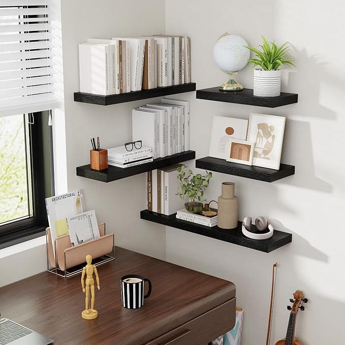 30 Inch Floating Shelves, 8 Inch Deep Floating Shelves for Wall, Hanging Shelf with Invisible Brackets, Deep Shelves for Bathroom, Bedroom, Living Room, Black, Set of 2