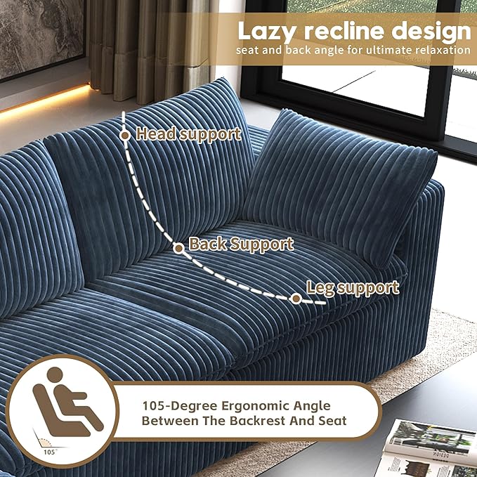78.74" LoveSeat Cloud Sofa,Modular Sectional Couch,Modern Deep Seat Upholstered Couches with Plush Corduroy Fabric for Living Room Furniture,Bedroom and Apartment,No Assembly Required,Blue