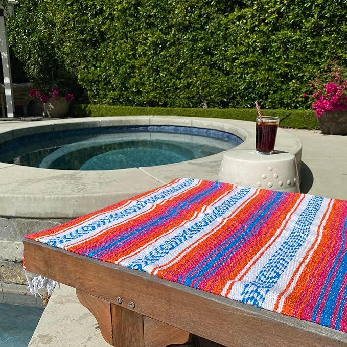 Del Mex Classic Mexican Blanket, Large Authentic Woven Falsa Throw (70"x50"), Artisan Southwest Décor for Beach, Yoga, Outdoors (Orange/Pink/Blue)