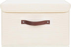 ANMINY 4PCS Storage Bins with Lid PU Leather Handles Storage Boxes PP Plastic Board Decorative Foldable Lidded Cotton Linen Fabric Home Cubes Baskets Closet Organizer Containers - Beige, Large Size