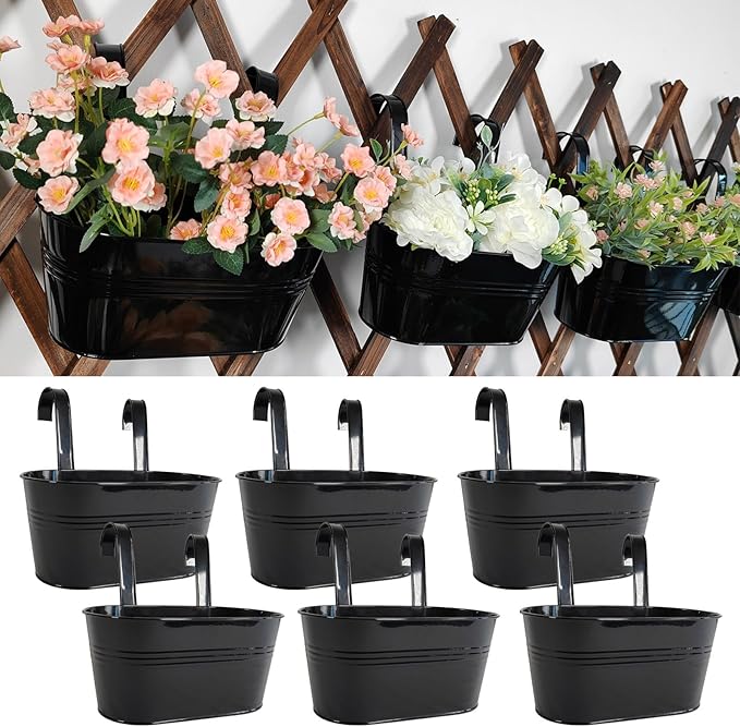 6 Pack Metal Hanging Planter for Outdoor Plants, 10 Inch Black Fence Planters Railing Pots for Garden Patio Balcony Decor, Flower Bucket with Detachable Hooks (Black, 6Pcs)