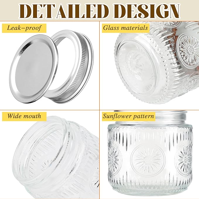 Mason Jars 8 oz - Vintage Small Glass Mason Jars with Silver Metal Lids, Regular Mouth Canning Jars, Safe For Storage, Canning, Pickling, Preserving, Fermenting, DIY Crafts & Decor (8Pack)