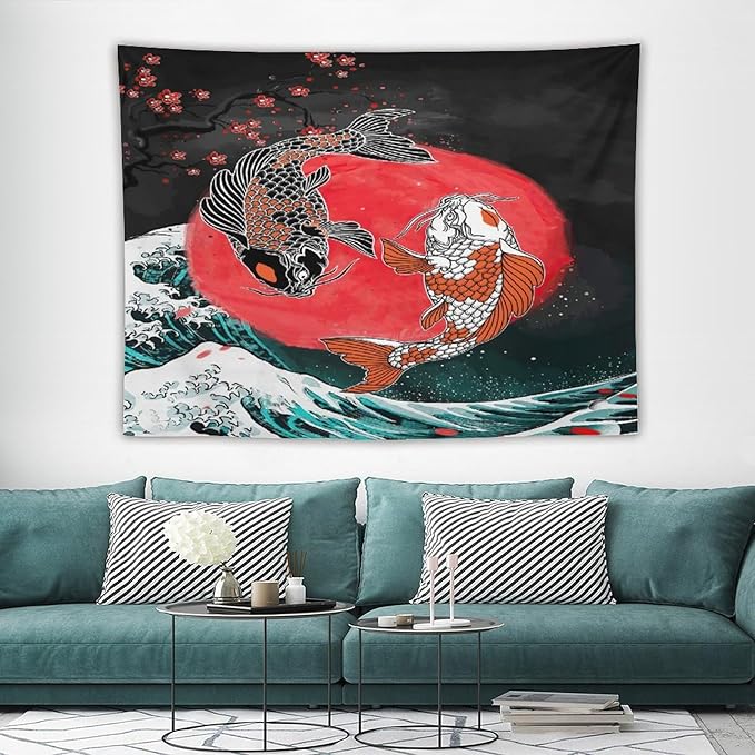 Houselerax Koi Fish Tapestries,Japanese Style Yin Yang Big Wave Cherry Blossoms Tapestry Wall Hanging for Bedroom Living Room Office Decor 80"x60"