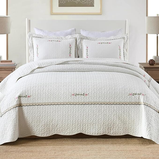 MarCielo 3-Piece 100% Cotton Oversized Bedspread Lightweight Quilt Coverlet Embroidery Farmhouse Bedding Set (Sakura White, Oversized Queen (100"x106"))
