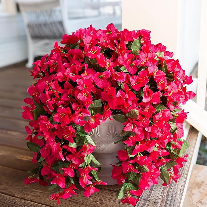 Faux Bougainvillea Artificial Flowers Plants for Outdoors Outside Decoration, 2 PCS Fake Flowers Silk Long Trailing Vines UV Resistant Realistic for Front Door Porch Planter Urn Patio Balcony Hot Pink