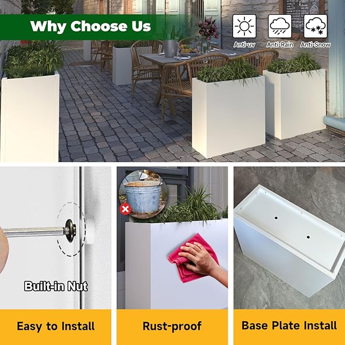 Galvanized Steel Metallic Heavy Planter for Outdoor Plants Metal Outdoor Planter Spliced Flower Box with Partitions for Outside,Indoor,Garden (White, 24 * 10 * 24)