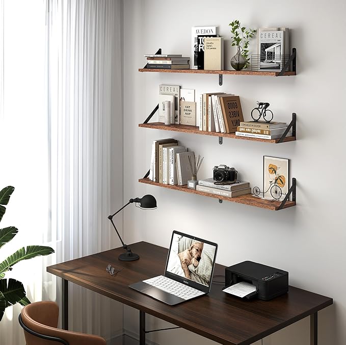 Heimlove Floating Shelves for Wall, 36 Inch Long Wood Floating Bookshelf Set of 3, Wall Mounted Hanging Shelf for Bathroom Bedroom Kitchen, Rustic Brown