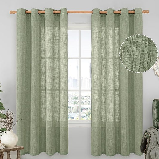 LAMIT Linen Blended Curtains 72 inch for Bedroom, Linen Textured Light Filtering Drapes Bronze Grommet Boho Neutral Panels for Farmhouse/Living Room, 2 Panels, 52 x 72 Inch, Sage Green