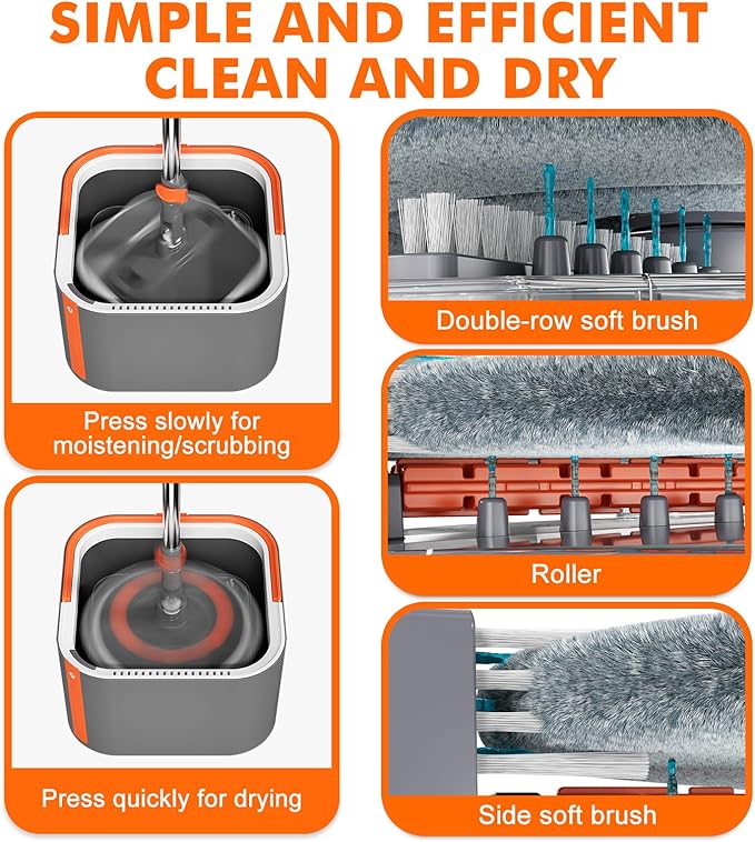 Upgraded Spin Mop and Bucket Set Self-Standing Mop Bucket Separate Dirty and Clean Water System Self Wringing 360° Rotating 90° Foldabl Mops and Buckets for Floor Cleaning (Dark Gray, 2Pads)